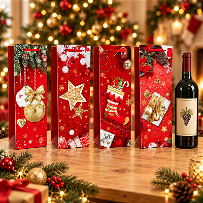Sacola de Papel para Vinho Natalina 35 x 12 cm – 1 Unidade – Estampa Sortida