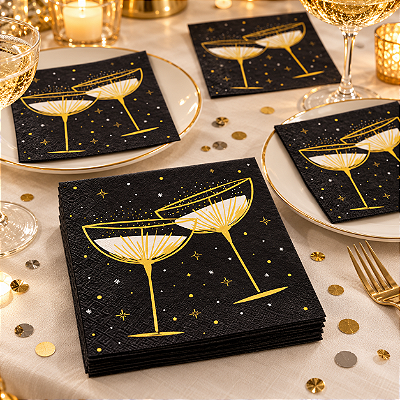 Guardanapo Folha Dupla Metalizado Taças de Vinho Boas Festas 32x32cm - 20 Unidades