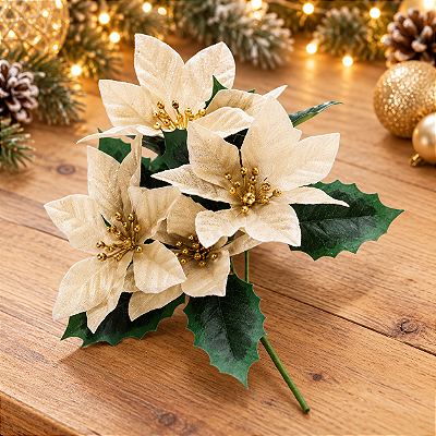 Flor de Natal Bico de Papagaio Dourado - 32cm com Cabo