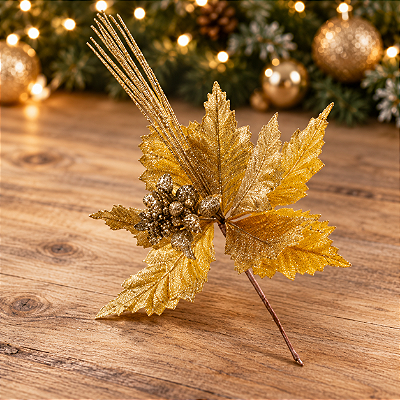 Flor de Natal Bico de Papagaio Amarelo/Dourado - 25cm com Cabo