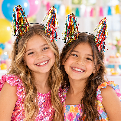 Tiara com Fitilhos Metalizados Coloridos – Kit com 12 Unidades