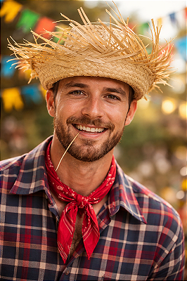 Chapéu Caipira de Palha Desfiado Grande – Festa Junina com Aba Ampla