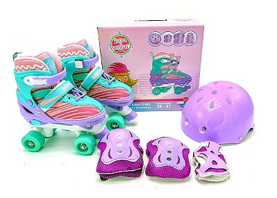 Patins Quad Roller Infantil 4 Rodas Ajustável do nº 28 ao 31 + Kit de Proteção - Cor Rosa e Tiffany