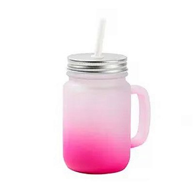 Caneca Mason Jar De Vidro Jateado Degrade Rosa 350ml