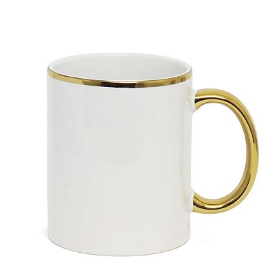 Caneca Branca Alça e Borda Ouro - 325ml