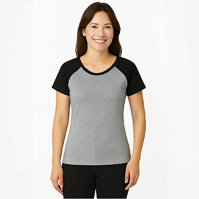 Baby Look Raglan Cinza com Manga Preta