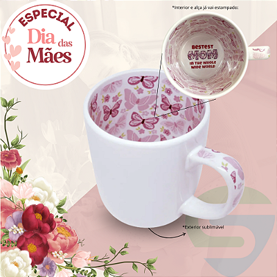Caneca Branca Temática Interior e Alça Borboletas com Interior Escrito Mom