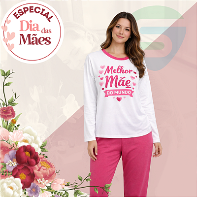 Pijama Longo Feminino Branco/Rosa