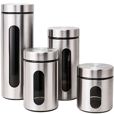 Kit Jogo 4 Potes Herméticos Porta Mantimentos c/ Visor Inox