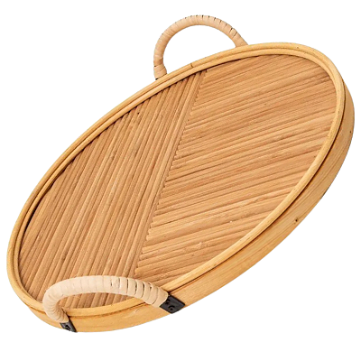 Bandeja p/ Servir Redonda com Alça em Bambu e Rattan - 30 cm