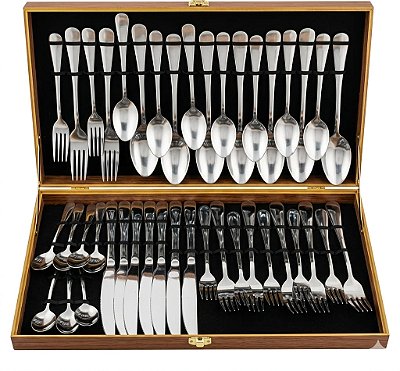 Conjunto de Talheres Faqueiro Maleta de Madeira com 42 Peças