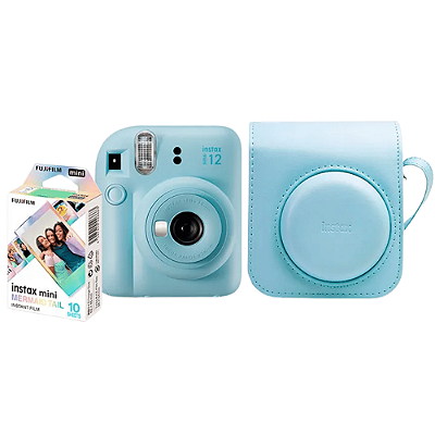 Kit Câmera Instantânea Fujifilm Instax Mini 12 Azul, Pack 10 Filmes Mermaid Tail, Bolsa