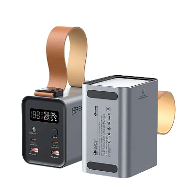 Power Bank Hrebos 60000 mAh, Potência 100W, Conexões Tipo C e USB, Display Digital - PB-996 Cinza Metálico