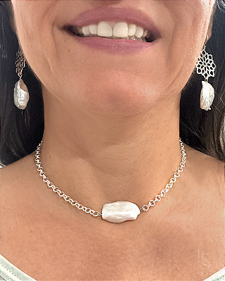 Colar de Prata 950 e Perola Barroca - Renda Portuguesa