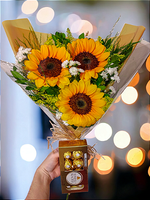 Buquê com 3 Girassóis e Ferrero Rocher