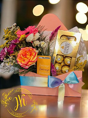 Box Cesta de Chocolates com Flores ENVELOPE CARTA Dia da Mulher
