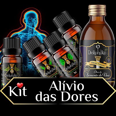 Kit Alívio das Dores - 4x OEs Delphiké (Eucalipto - Capim - Alecrim - Menta) + Óleo Vegetal de Semente de Uva