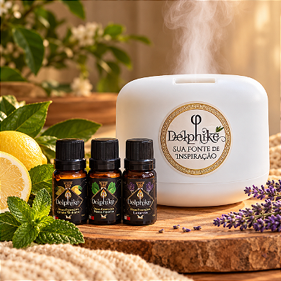Kit Iniciante - 3x OEs Delphiké (Menta - Lavanda - Limão) + Difusor Ultrassônico Cromoterápico 500ml