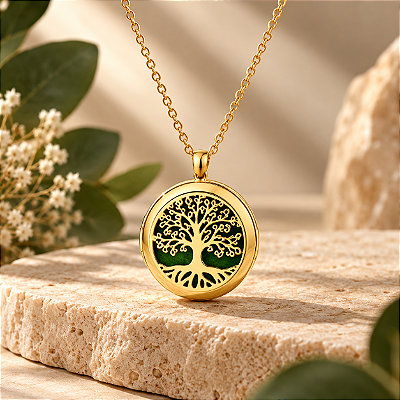 Colar Difusor - Pingente 20mm - Árvore da Vida - Dourado - Aço Inox