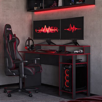Mesa Gamer 136cm com Espaço para CPU e Monitores Preto e Vermelho