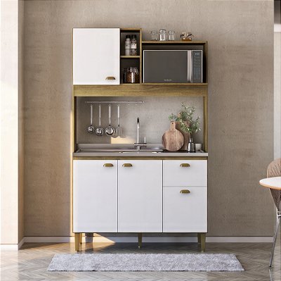 Cozinha Compacta Balcão e Armário Microondas 123cm 4 Portas