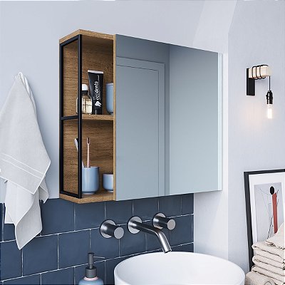 Armário Espelheira para Banheiro Industrial 60Cm com Porta e Nichos