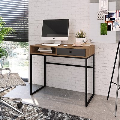 Mesa Escrivaninha Compacta 91cm Industrial com Nicho e Gaveta