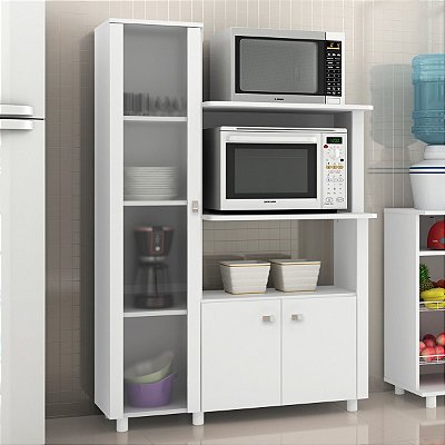Armário Cozinha para Forno e Micro-Ondas com Cristaleira 3 Portas Branco