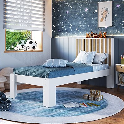 Cama de Solteiro com Cabeceira Ripada 206cm Branco e Mel