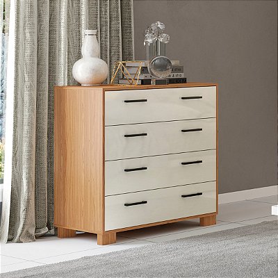 Cômoda Moderna 90cm 4 Gavetas Freijó e Off White em 100% MDF