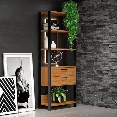 Estante Estilo Industrial 73cm 2 Gavetas em MDF Freijó e Preto Fosco