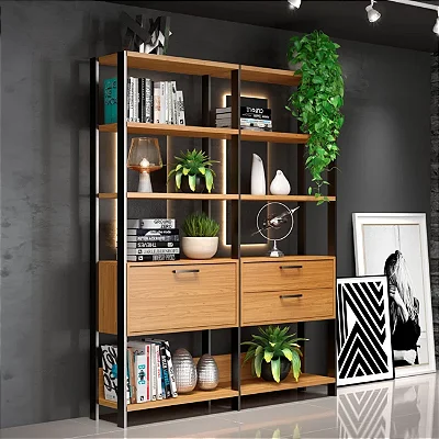 Conjunto 2 Estantes Industrial em MDF 1 Porta 2 Gavetas Freijó e Preto
