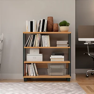 Estante Livreiro Industrial 90cm 4 Prateleiras em MDF Freijó e Preto Fosco