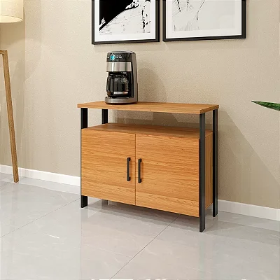 Balcão Aparador Industrial 90cm com 2 Portas em MDF Freijó e Preto Fosco