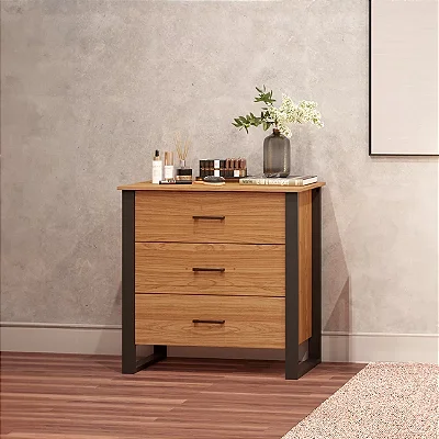 Cômoda Estilo Industrial 90cm 3 Gavetas Freijó e Preto Fosco em MDF