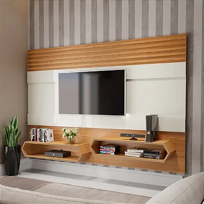 Painel Suspenso para TV até 65" Polegadas 220cm MDF Off White e Freijó