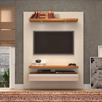 Painel para TV até 60" Polegadas 140cm com Led MDF Off White e Freijó