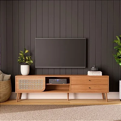 Rack para TV até 60" Polegadas 220cm com Porta em Palha Natural Freijó