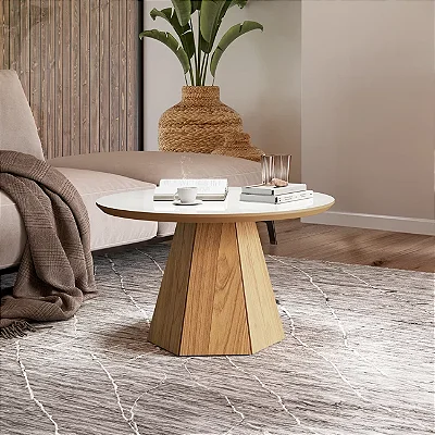 Mesa de Centro Base Hexagonal 70cm em MDF Off White e Freijó