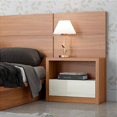 Mesa de Cabeceira Moderna 67cm com Gaveta e Nicho MDF Freijó Off White
