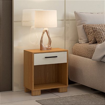 Mesa de Cabeceira 45cm em MDF com Gaveta e Nicho Freijó e Off White