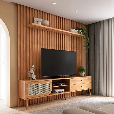 Rack Painel para TV até 75" Polegadas Retrô Porta Palha Natural com LED