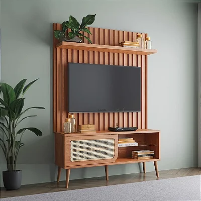 Rack com Painel para TV até 55" Polegadas Porta em Palha Natural com Led