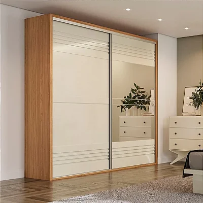 Guarda-Roupa com Espelho 223cm 2 Portas de Correr 2 Gavetas e Cabideiro MDF