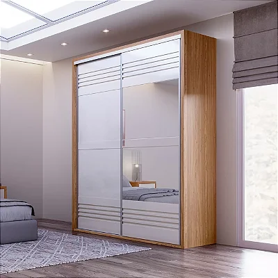 Guarda-Roupa com Espelho 179cm 2 Portas de Correr 2 Gavetas e Cabideiro em MDF