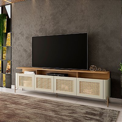 Rack para Sala 220cm 4 Portas Palha Natural em MDF e Pés em Metal