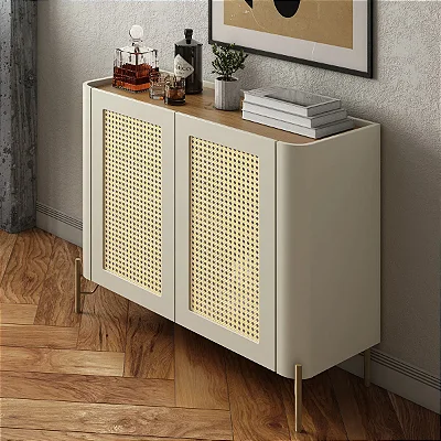 Aparador Buffet para Sala 99cm em MDF e Pés Metal com Palha Natural