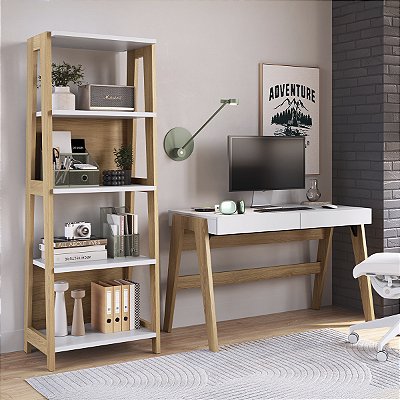Conjunto Escritório Escrivaninha 2 Gavetas e Estante Hanover/Off White