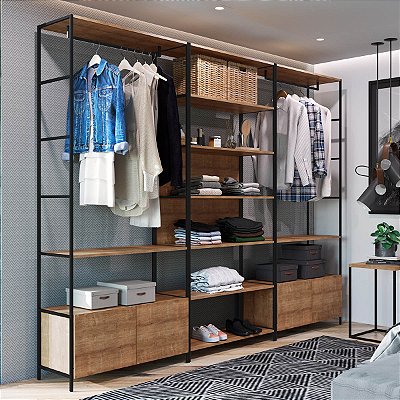Conjunto 3 Estantes Closet 270cm e Mesa Lateral Vermont e Preto