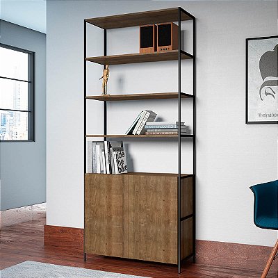 Estante Grande Industrial 90cm 3 Prateleiras 2 Portas Vermont e Preto